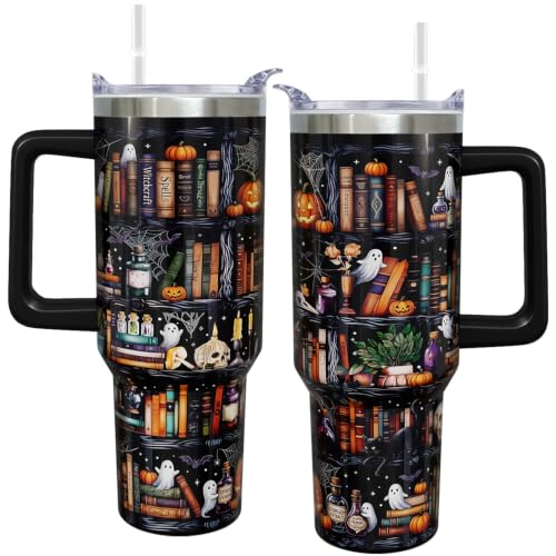 Halloween Bookshelf 40 oz Tumbler with Handle & Straw - Spooky Book Lover Gift
