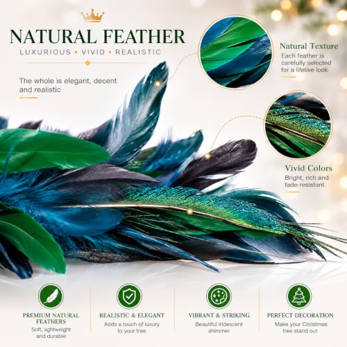 2 Pack Christmas Peacock Feather Ornaments with Glitter Clip-On Decor - Blue