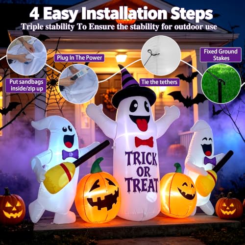 8 Ft Halloween Inflatable Ghosts with Pumpkin Broom LED Light Decor - White