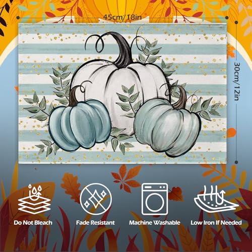 Thanksgiving Placemats Set of 4 - 12x18 Inch Pumpkin & Maple Leaf Design - Blue