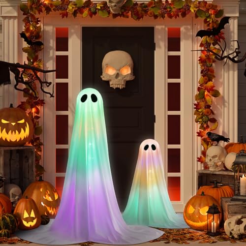 Outdoor Halloween Ghost Decorations Set - 36" & 18" Spooky Light-Up Ghosts with RGB Lighting & Timer