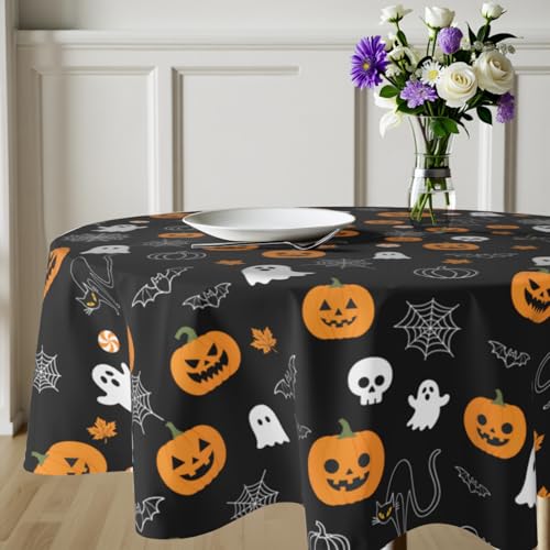 Halloween Round Tablecloth 60 Inch - Fall Pumpkin Ghost Spiderweb Design - Black & Orange
