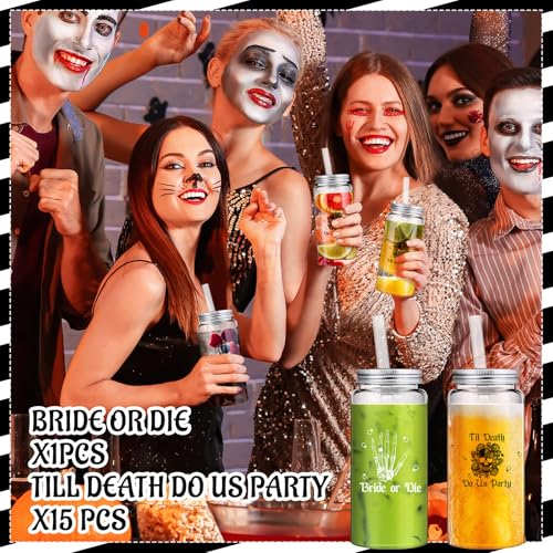 16 Pack Reusable Plastic Bachelorette Cups with Lids & Straws, 13.5 oz