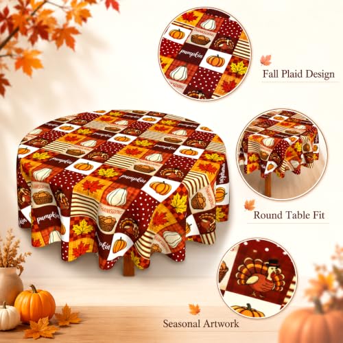 Fall Round Tablecloth 60x60 Inch Thanksgiving Pumpkin Decor with Variation Red Brown Yellow