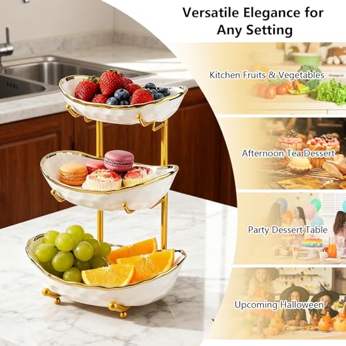 Gets 3-Tier Fruit Bowl with Ceramic Bowls & Metal Stand - White