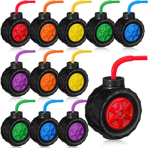12 Pack Monster Truck Cups with Lids & Straws - 17 oz Plastic Tire-Shaped Drinkware for Kids - Variation of THIS listing: 12