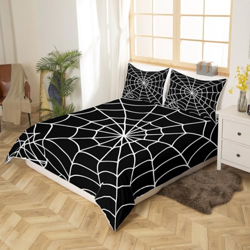 Spider Web Bedding Set Queen Size Halloween Duvet Cover & Pillowcase 3Pcs - Black White