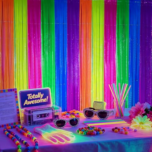 Glow in The Dark Neon Rainbow Foil Fringe Curtain - Party Backdrop & Decor