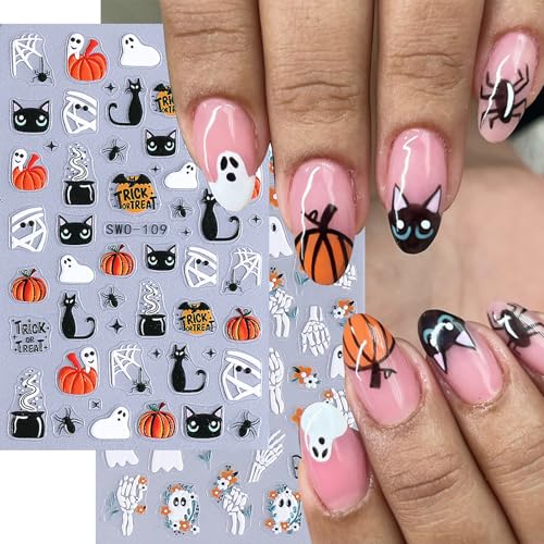 Halloween Nail Stickers 5D Spooky Decals - Black Cat Pumpkins Ghost Skeleton Hand - Variation Halloween-01