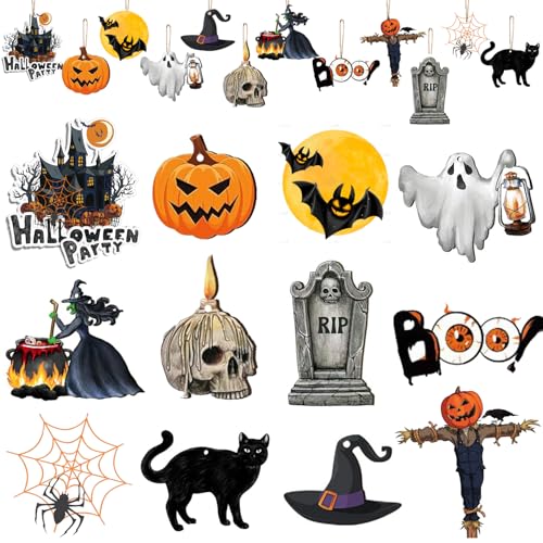 24 Pcs Halloween Tree Ornaments Double-Sided Wooden Decorations with Rope for Indoor Party and Holiday Decor