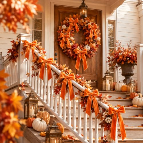 12-Pack Orange Velvet Bow Decorations for Fall & Holiday Crafts - 5 x 10 inches