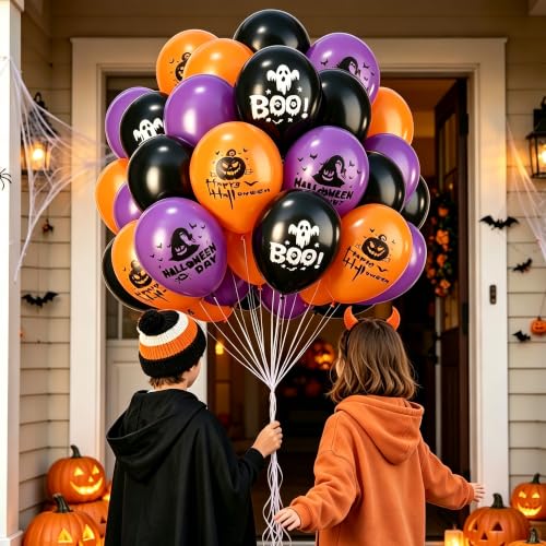 Halloween Balloons Set - Orange Black & Purple | 50 Pack Latex Party Decorations