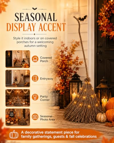Lighted Halloween Witch Broom Decor - 5.5ft Outdoor Fall & Party Accent