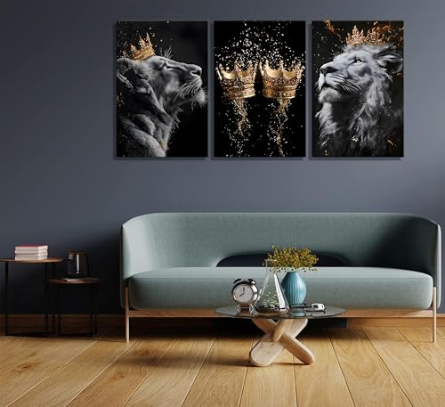 Lion Wall Art Canvas - 12x16 Inch Framed Animal Decor with Golden Crown - Lion Wall Decor