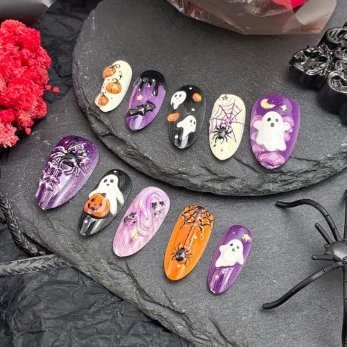 Halloween Press On Nails - Medium Almond Shape Ghost Pumpkin Spider Web Design - Variation of Fake Nails-21