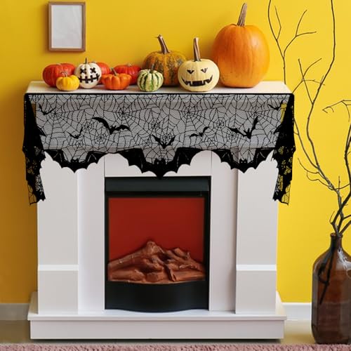 Halloween Mantle Scarf Bat Web Lace Fireplace Cover - Black Embroidered Decor - 79x20 Inch - Variation of Bat