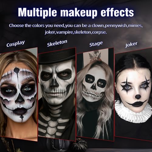 Halloween Face Body Paint Kit with 3 Sponges & Brush - White Black Blue Variation