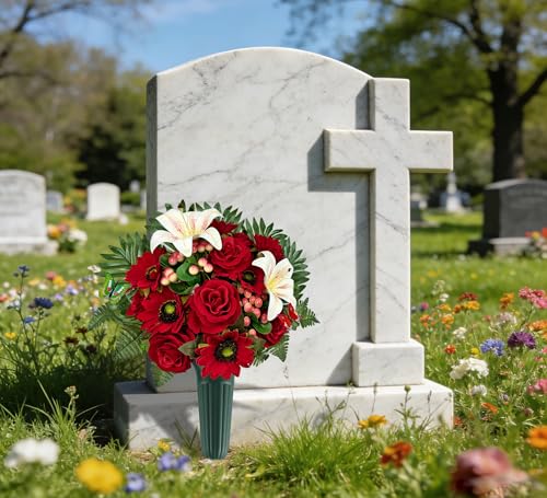 Artificial Cemetery Flowers for Grave Decorations - Realistic Rose Gerbera Lily Bouquet with Vase & Butterfly