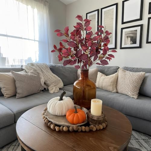 Artificial Burgundy Fall Euonymus Leaves Stems with Flower Seeds - 3 Pcs, 32 Inches