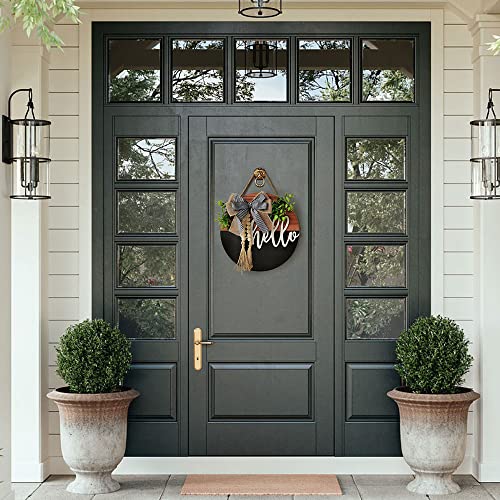 Hello Door Wreath for Front Door - Spring Farmhouse Decor, 13 Inch Black Brown