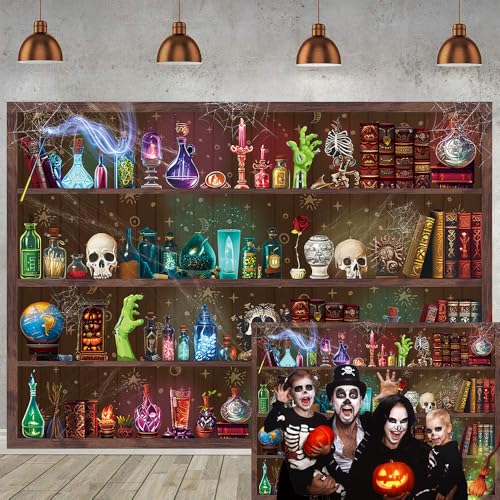 Halloween Magic Potion Shelf Backdrop - Spooky Witch Skulls Background 10x8FT