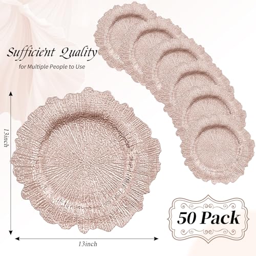 50 Pack Rose Gold Charger Plates 13 Inch Reef Decor Bulk for Weddings & Events