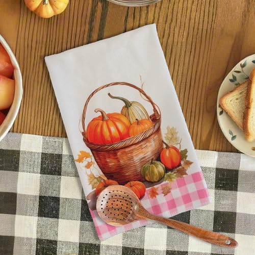 Pumpkin Pink Fall Kitchen Towels Decor Set of 2 - Autumn Dish Hand Towels