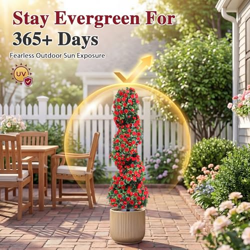3ft Artificial Topiary Spiral Trees with Roses - Faux Outdoor Bushes Set of 2