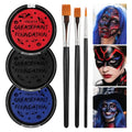 Face Paint Kit for Halloween Makeup - Oil-Based, Vivid Colors, Includes 3 Brushes - Red Black Blue Variation