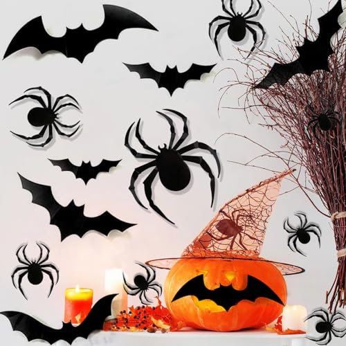 Halloween Wall Decor 3D LED Bats & Spiders Wall Stickers - 36 Pcs with Lights & Reusable Tape - Variation: 18 Bats + 18 Spiders