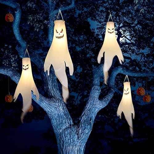 Scary Style Halloween Ghost Windsocks for Trees - Waterproof LED Outdoor Decorations, 4 Pcs
