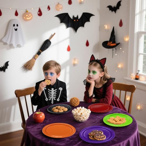 Halloween Paper Dinner Plates 9 Inch Bulk Pack - Black, Orange, Purple, Green, Red - Party Supplies