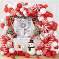 Red Christmas Balloon Arch Kit with Snow & Candy Cane Balloons & Backdrop