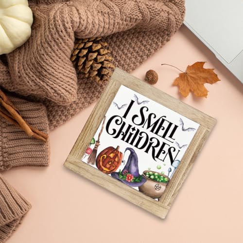 Halloween Decor Signs - I Smell Children Sign - Style 16 - Wooden Box Sign for Halloween Party & Fall Autumn Home Decor - 5.9x5.9x0.7 Inches