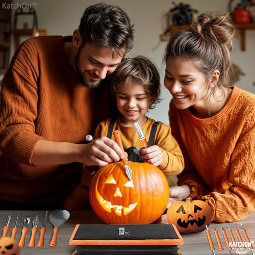 Pumpkin Carving Kit with 13 Heavy Duty Stainless Steel Tools & 18 Halloween Stencil Designs