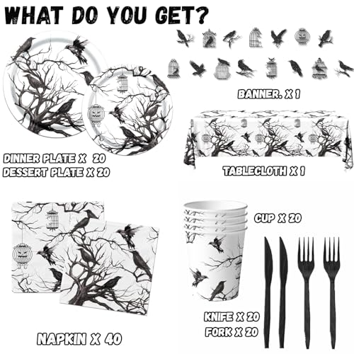 Halloween Party Decorations Set - 142PCS Gothic Crow & Tree Silhouette Tableware & Banner