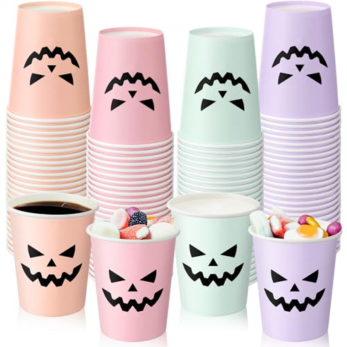 Pastel Halloween Paper Cups - Pumpkin Face Design, 100 Pack, 9oz, Girly Theme