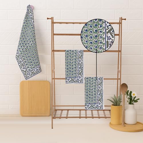 Ridhi Basil Green Hand Block Print Cotton Kitchen Towels Set - 16x28 Inch, Pack of 3