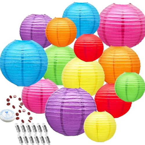 Colorful Paper Lanterns with LED Lights 14 Pack - Green, Blue, Yellow, Red Variation