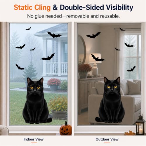 Funny Halloween Black Cat Window Clings - 6 Sheets, Static PVC Decor for Glass & Mirrors
