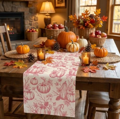 Fall Pumpkin Table Runner Pink 13x72 Inch Thanksgiving Decor