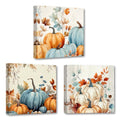 Pumpkin Wall Art Canvas Prints - Autumn Pumpkin Pictures Set 12x12 Inch Orange - Rustic Farmhouse Decor - 3 Pieces