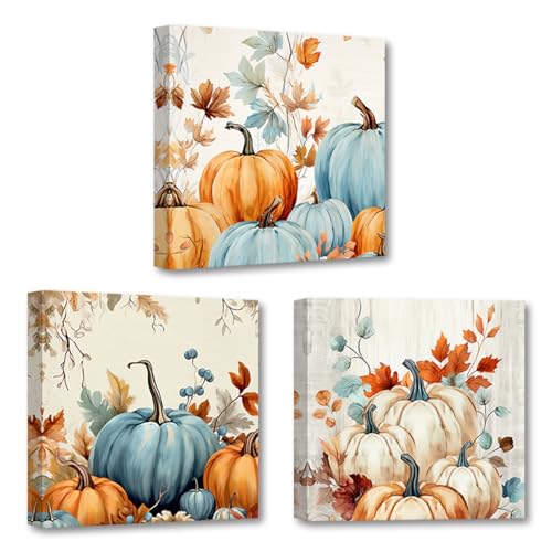 Pumpkin Wall Art Canvas Prints - Autumn Pumpkin Pictures Set 12x12 Inch Orange - Rustic Farmhouse Decor - 3 Pieces