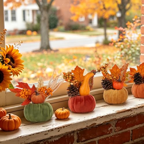 Autumn Pumpkin Decor Set - 5PCS Fall Thanksgiving Home Indoor Decorations - Green, Coffee, White, Camel