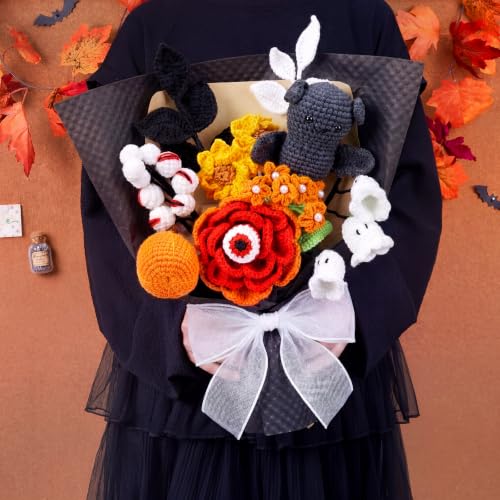 Halloween Crochet Flower Bouquet with Bats Ghost Pumpkin - 14.6 x 11.8 Inches