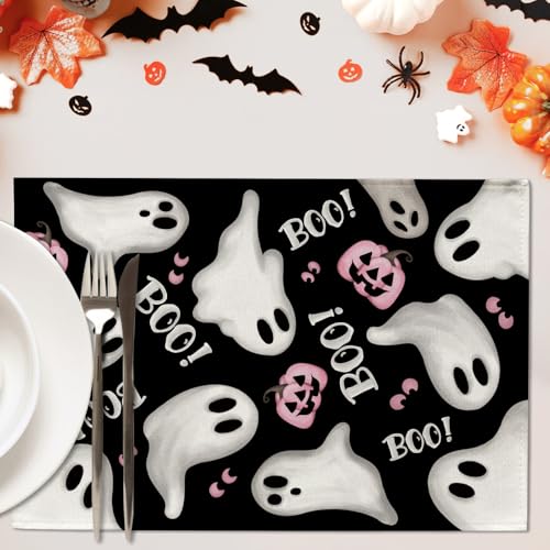 Halloween Ghost Placemats Set of 4 - Spooky Boo Table Decor 12x18"