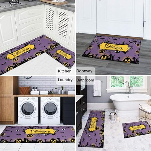 Halloween Kitchen Rugs Set of 2 - Purple Spooky Pumpkin & Black Cat Mat Non-Slip Washable