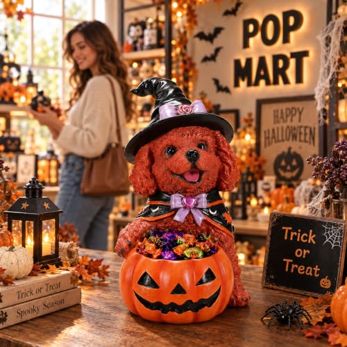 Brown Poodle Dog Statue - Hand-Painted Lifesize Sculpture with Festive Witch Cape