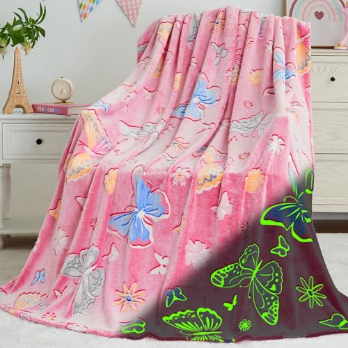 Glow in the Dark Butterfly Blanket for Girls - Pink 50x60 Inches, Kids Room Decor & Gift