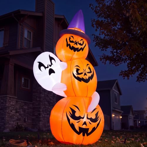 6 FT Halloween Inflatable Ghost and Pumpkin Decor with Witch Hat - Outdoor Halloween Decorations, White Ghost with Pumpkin Variation